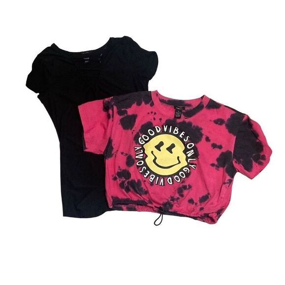 Lot of 2 Rue 21 Tops Junior Girls Sz Medium Pink Navy Good Vibes & Solid Black - Picture 1 of 10